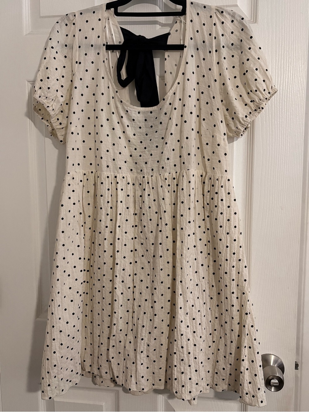 Woman’s Cream Polka Dot Dress with Black Bow